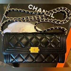 CHANEL BOY Quilted Wallet or WOC with Gold Accents